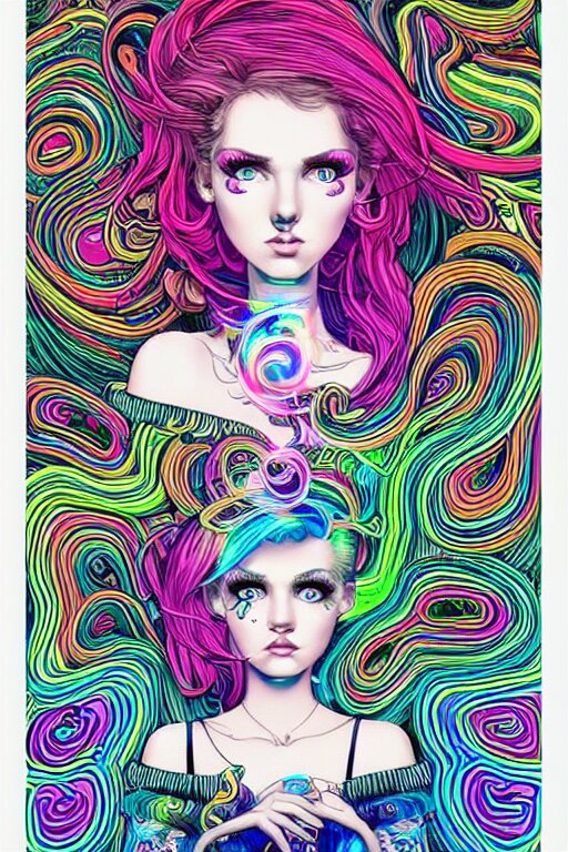 a award winning portrait of a beautiful woman with stunning eyes in a one off shoulder croptop and cargo pants with rainbow colored hair, outlined by whirling illuminated neon lines and fine lines swirling in circles by joe fenton, digital art, trending on artstation 