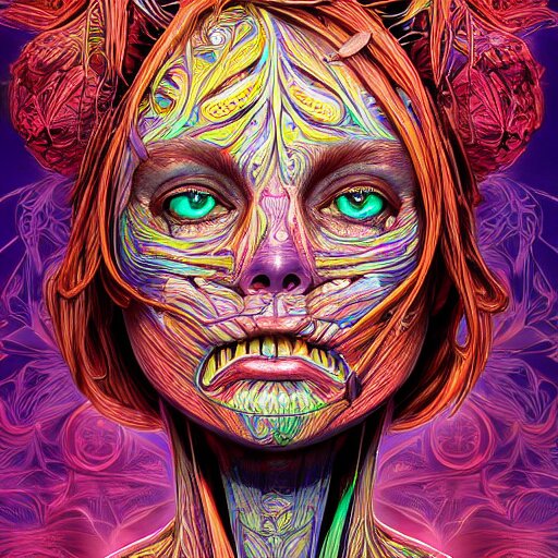 the anatomical face of a ridiculously beautiful and pretty woman partially made of onion rings of all colors looking up, an ultrafine detailed illustration by james jean, final fantasy, intricate linework, bright colors, behance contest winner, vanitas, angular, altermodern, unreal engine 5 highly rendered, global illumination, radiant light, detailed and intricate environment 