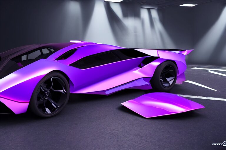 cyberpunk purple lamborghini concept inspired sports car, futuristic look, highly detailed body, very expensive, photorealistic camera shot, bright studio setting, studio lighting, crisp quality and light reflections, unreal engine 5 quality render 