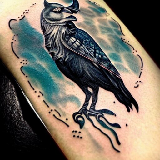 surreal image depicting a raven combined with a deer and an owl but is also actually a window into the ocean. Fine line tattoo art. dark fantasy, intricate detail.