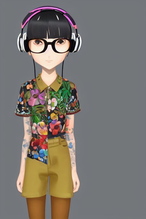 a vrchat avatar man with a buzz cut, a floral print collated shirt, a beaded bracelet, tortoise shell glasses with headphones, anime style, cel shaded, kawaii, cute 