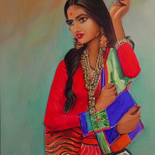 a beautiful oil painting of cute girl wearing modern stylish costume in the style of Assamese bihu mekhela sador gamosa design, commercial fashion design art concept