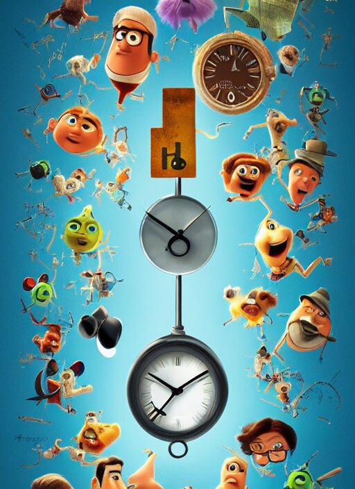 a poster of a pixar's movie about clocks, high definition, trending on artstation 