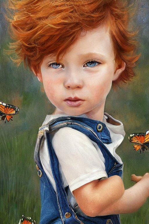 a three year old boy with ginger hair wearing denim overalls chasing butterflies. clean elegant painting, beautiful detailed face, lots of butterflies. by magali villanueve and artgerm and greg rutkowski 