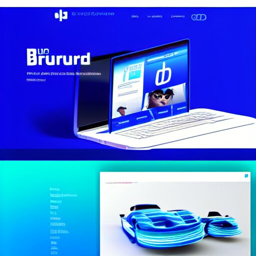 futuristic 3D website brand design portal, blue background with white text, new 4D design layout on the side, pleasing colors and readable fonts, featuring a super modern brand logo image in 5D