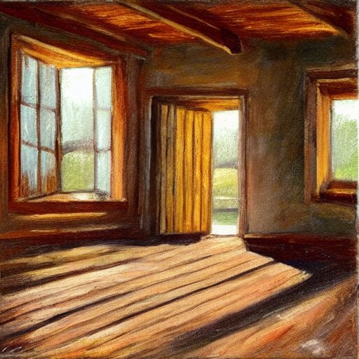 oil painting of mostly empty cottage interior, one small window with sunlight shining onto the floor. artistic. cozy. wooden floor. rustic. solace. 