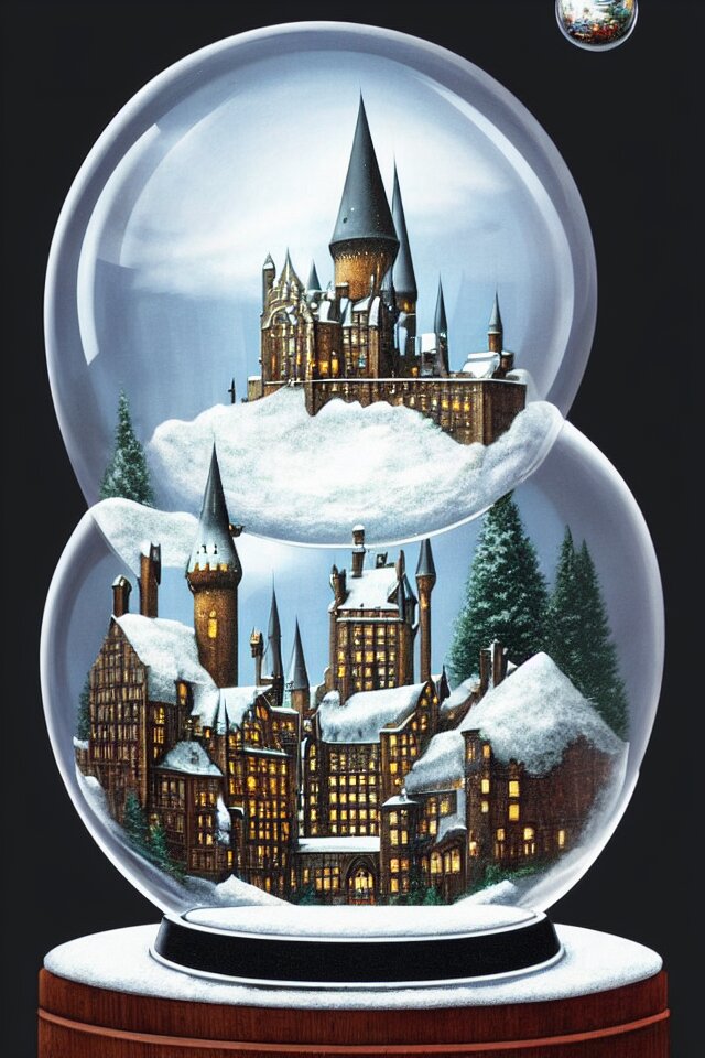 an achingly beautiful print of one snow globe with hogwarts inside by raphael, hopper, and rene magritte. detailed, proportional, romantic, vibrant, enchanting, trending on artstation 