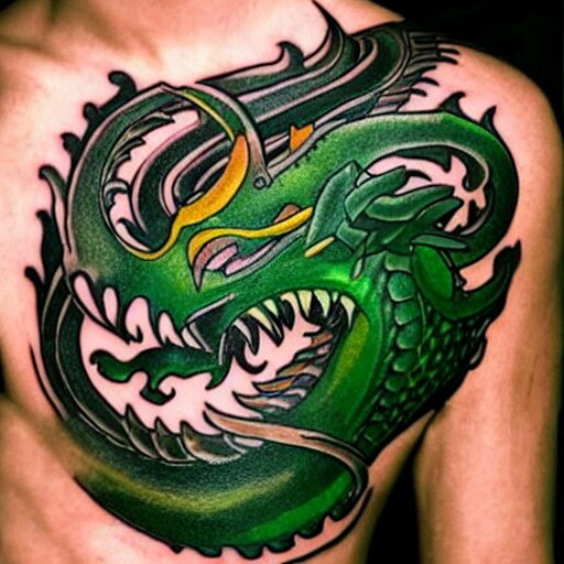 forearm tattoo of a spiraling dragon with a green emerald in its mouth, dark and vibrant forearm tattoo