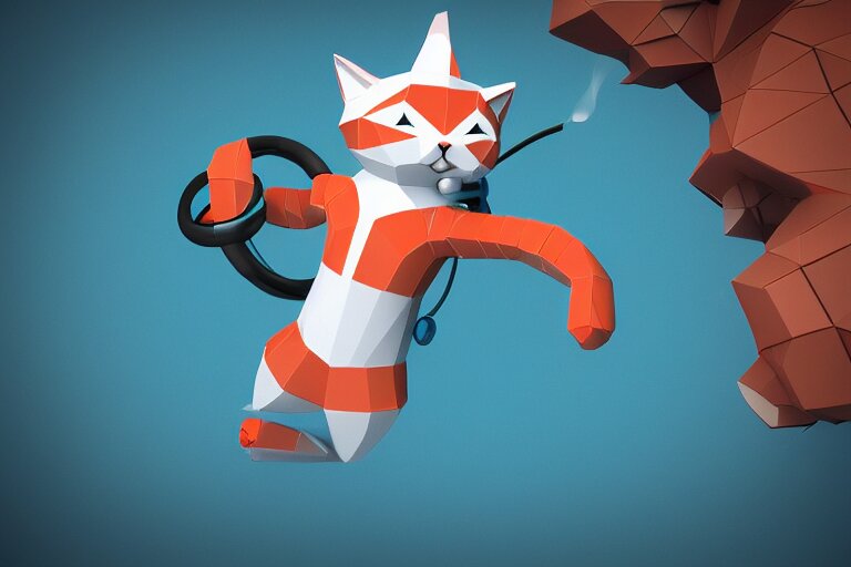 a cat dressed as a scuba diver swimming underwater, low poly, render, blender, low polygon, creepy, vast,