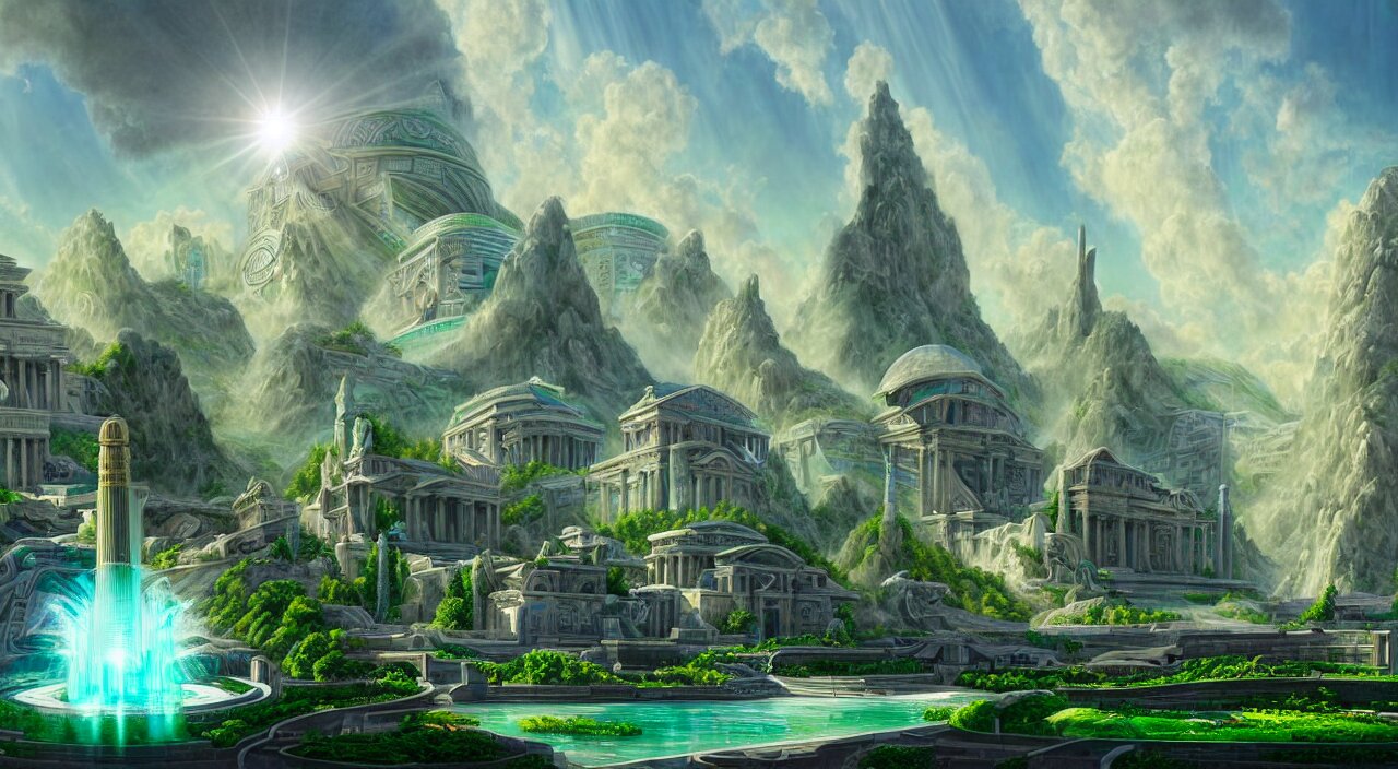 
a matte painting futurist of a green water city of Atlantis grec greeble temple olymp glory in sun shaft zeus sky tower statue pantheon ivy plant grow flower in white marble gold incrusted of legends adn red flag dynasty by Frank Lloyd Wright and Zaha Hadid torch volume light stylized illustration  digital airbrush painting, 3d rim light, hyperrealistic masterpiece, artstation, cgsociety, kodakchrome, golden ratio waterfall


