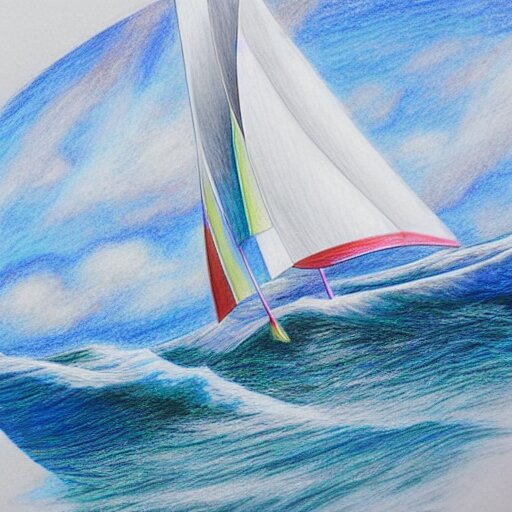  Colored pencil art on paper, Sailboat surfing the waves, highly detailed, artstation, MasterPiece, Award-Winning, Caran d'Ache Luminance