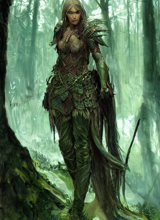 Lexica A serious looking wood elf woman wearing armour made of tree