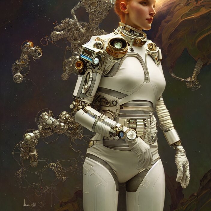 organic cyborg Russian cosmonaut, diffuse lighting, fantasy, intricate, elegant, highly detailed, lifelike, photorealistic, digital painting, artstation, illustration, concept art, smooth, sharp focus, art by John Collier and Albert Aublet and Krenz Cushart and Artem Demura and Alphonse Mucha