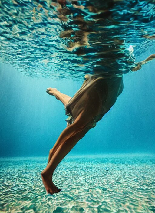 girl in a long dress swimming underwater, caustics, surreal underwater photography