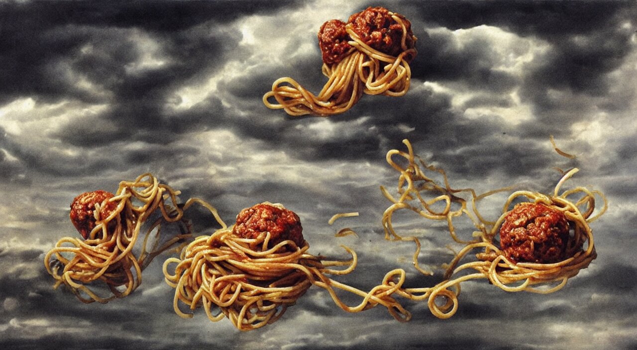 spaghetti bolognesa with meatballs and hundred rusted perfect woman bodies flying in stormy clouds by dali, hyper - realism 