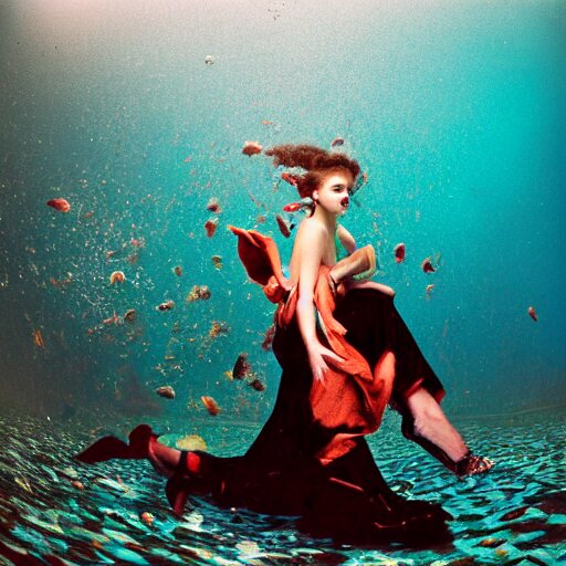 fisheye medium format photograph of a surreal fashion shoot underwater 