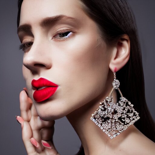 fashion photo, haute couture female model wearing bejeweled scissor earrings:5, bejeweled scissor chest plate:5, bejeweled scissor bracelets:5, hyper realistic, detailed, dramaticly beautiful, 8k, Octane