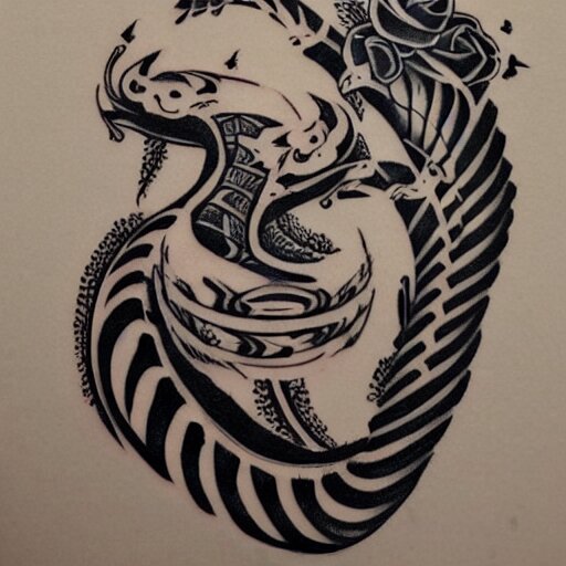 tattoo design, stencil, tattoo stencil, traditional, a cobra with its fangs out surrounded by flowers