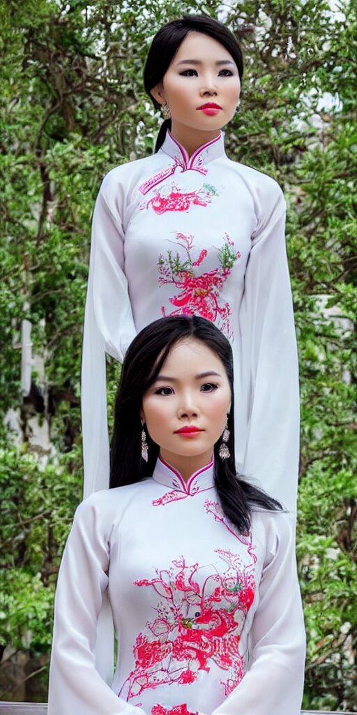 beautiful vietnamese woman wearing vietnamese ao dai, intricate, detailed, symmetric face 