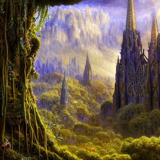 a beautiful and highly detailed matte painting of a beautiful cathedral in a magical fantasy valley in the mountains, psychedelic trees and plants and flowers, celtic vegetation, epic scale, insanely complex, hyperdetailed, sharp focus, hyperrealism, artstation, cgsociety, 8 k, bright colors, by caspar friedrich, albert bierstadt, james gurney, brian froud, 