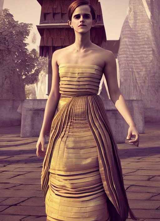 emma watson wearing finely pleated silk bihu mekhela strapless costume expertly draped goddess style dress by wlop, assamese gamosa pattern, face by daz 3 d genesis and artgerm concept art 3 d octane render cinema 4 d v ray, unreal engine, hyper realistic hdr fabric textures, ray traced, bright lit cinematic studio fashion photography, real life like, daz iray shaders 