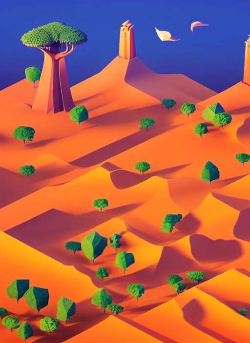 a low poly isometric render of madagascar with baobab trees in the style of monument valley, intricate, elegant, smooth shading, soft lighting, illustration, simple, solid shapes, by magali villeneuve, jeremy lipkin and michael garmash, rob rey and kentaro miura style, octane render, zaha hadid, midsommar 