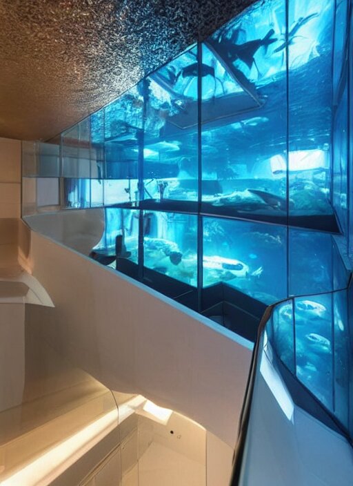 a futuristic sci - fi underwater home with mirrored walls, dreamatic lighting 