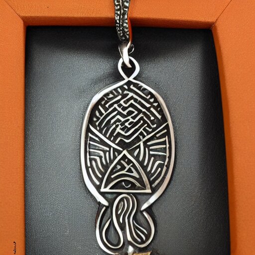 amulet of wave inlaid in silver on a young beautiful woman neck, realistic, 