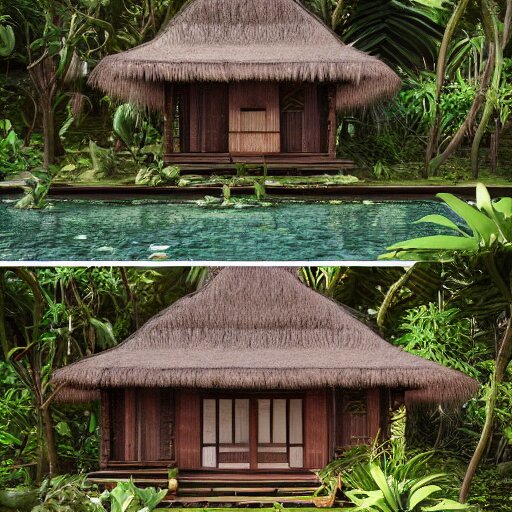 a beautiful 3d renderings of a little house in the jungle, Balinese architecture by SOM Architect, Studio Ghibli,. Architectural photography, 14mm, cinematic photography, high resolution 4k, cg architects, vray