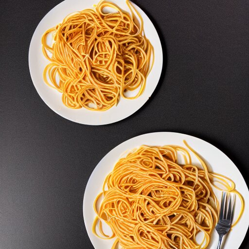 2 plates of spaghetti with forks, one - line drawing 