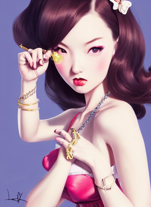 a pin up and beautiful fashion dreamlke japan girl with lv jewelry, character art, art by artgerm, wlop, loish, ilya kuvshinov, hyperdetailed, 8 k realistic, symmetrical, global illumination, radiant light, frostbite 3 engine, cryengine, dof, trending on artstation, digital art, chanel, dior, fantasy and detailed and intricate background 