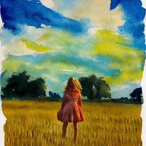 silhouette of a girl in a field of wheat, colorful clouds in the sky, watercolor