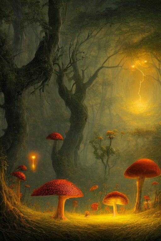 a beautiful digital landscape painting of a detailed gothic fantasy fireflies and roots, dark mushroom, flowers by benoit b. mandelbrot, steven belledin, martin johnson heade, lee madgwick, caspar david friedrich, and david rios ferreira. 8 k resolution trending on artstation concept art digital illustration 