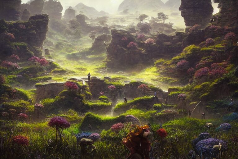 Brutalist Shiro, fantasy landscape, Eden at Dawn, gleaming morning cinematic lighting, amazing cinematic concept painting,  by Jessica Rossier,  Himeji Rivendell  Garden of Eden valley, wildflowers and grasses, terraced orchards and ponds, lush fertile fecund, fruit trees, birds in flight, animals wildlife, beksinski