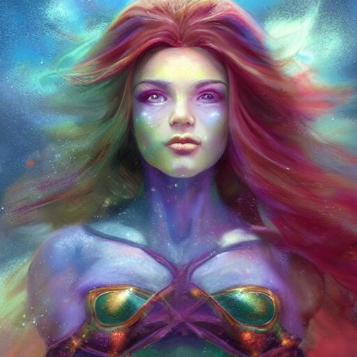 a fantastic vibrant mixed pastels 3 d painting of a somber female sorceress under a cloudy rainstorm weather, anaglyphy effect, cgsociety # conceptart cg, # oc, by vanessa lemen by charlie bowater by jeff easley by stephanie hans in deep space by ross tran by vanessa lemen by nasa hubble space telescope images 