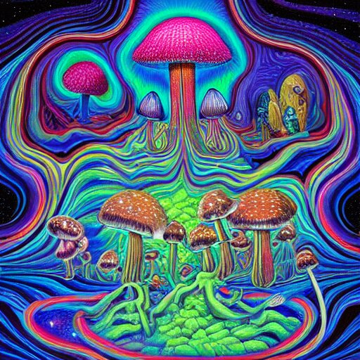 mushroom universe by Alex Gray, oil painting, cosmic, ethereal, highly detailed, psychedelic, (((neon)))