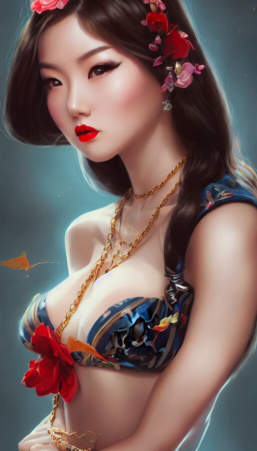 a pin up and beautiful fashion and charming and dreamlke asian girl with lv jewelry, medium shot, art by artgerm & ross tran & wlop, hyperdetailed, 8 k realistic, symmetrical, frostbite 3 engine, cryengine, dof, trending on artstation, digital art 