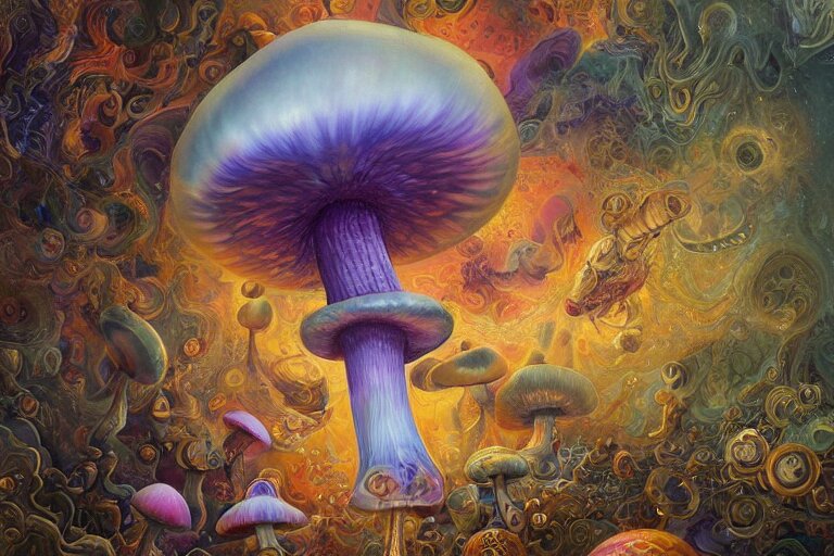 trippy cosmic mushroom, oil on canvas, intricate, portrait, 8k highly professionally detailed, HDR, CGsociety, illustration painting by Mandy Jurgens and Małgorzata Kmiec and Dang My Linh and Lulu Chen and Alexis Franklin and Filip Hodas and Pascal Blanché and Bastien Lecouffe Deharme, detailed intricate ink illustration, heavenly atmosphere, detailed illustration, hd, 4k, digital art, overdetailed art, concept art, complementing colors, trending on artstation, Cgstudio, the most beautiful image ever created, dramatic, subtle details, illustration painting by alphonse mucha and frank frazetta daarken, vibrant colors, 8K, style by Wes Anderson, award winning artwork, high quality printing, fine art, gold elements, intricate, epic lighting, very very very very beautiful scenery, 8k resolution, digital painting, sharp focus, professional art, atmospheric environment, art by artgerm and greg rutkowski, by simon stålenhag, rendered by Beeple, by Makoto Shinkai, syd meade, 8k ultra hd, artstationHD, 3d render, hyper detailed, elegant, by craig mullins and marc simonetti, Ross Tran and WLOP, by Andrew Wyeth and Gerald Brom, John singer Sargent and James gurney