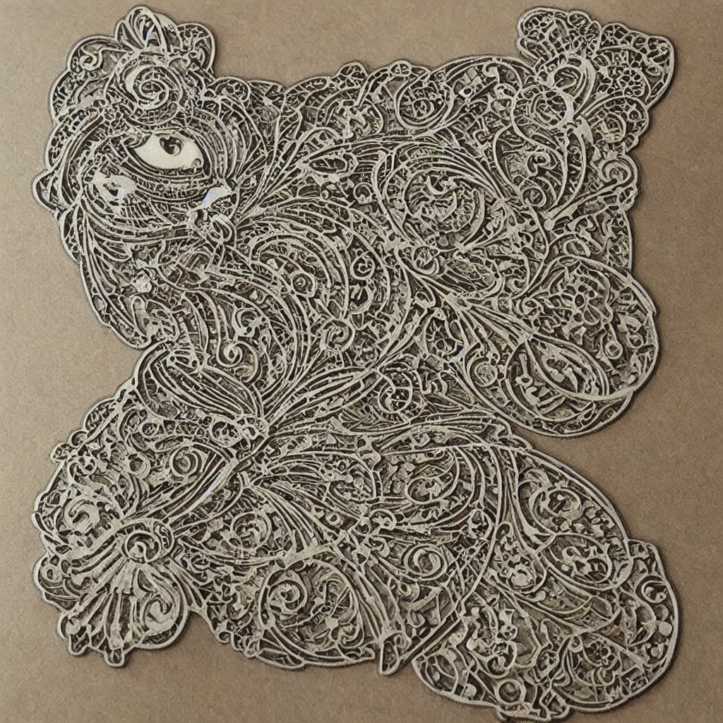 vintage art nouveau style sticker, cat as a cyborg, detailed filigree fretwork lacework