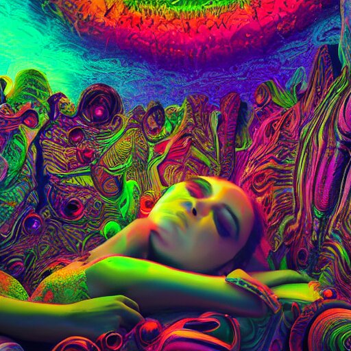 photorealistic sleeping in a trippy psychedelic world. hyperdetailed photorealism, 1 0 8 megapixels, amazing depth, high resolution, 3 d shading, 3 d finalrender, 3 d cinematic lighting, glowing rich colors, psychedelic overtones, artstation concept art. 