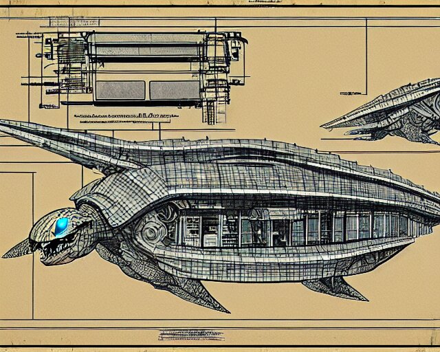 a full page of a mechanical blueprint showing the interior of gamera, with a big head, muted colors, post grunge, studio ghibli, hq, 