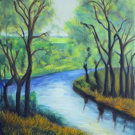 the most beautiful landscape you've ever seen, trees, river, oil on canvas