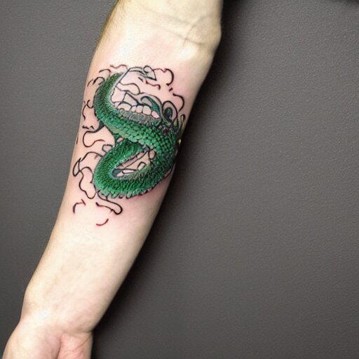 forearm tattoo of a spiraling dragon with a green emerald in its mouth, dark and vibrant forearm tattoo