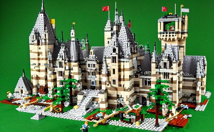 a realistic detailed accurate Lego set of a medieval French castle on a forested green hill