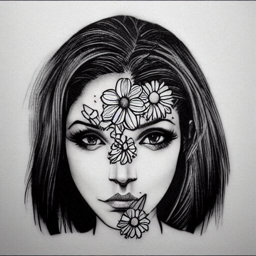 tattoo design, stencil, portrait of a girl by artgerm, symmetrical face, beautiful, daisy flower 