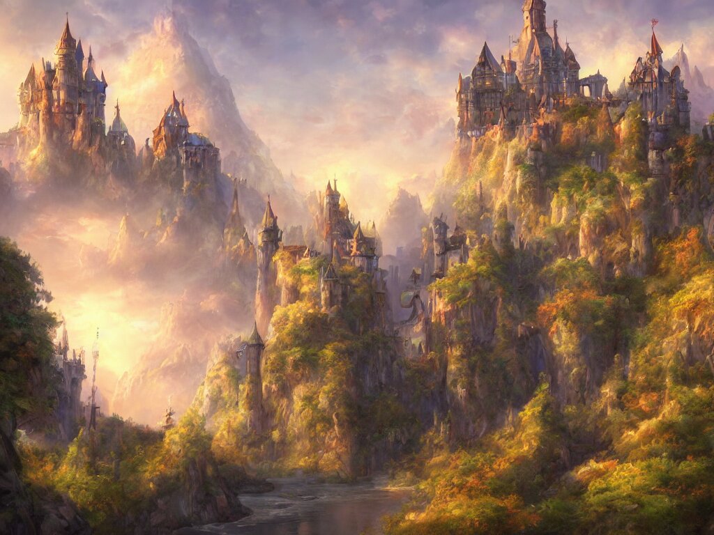 a beautiful masterpiece painting of a castle in a fantasy landscape by tyler edlin, perfect fine weather, summer, award winning, trending on artstation, 