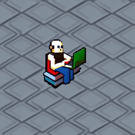 a bald hipster with headphones and a laptop, isometric pixelart, sprite, pixelart!! 