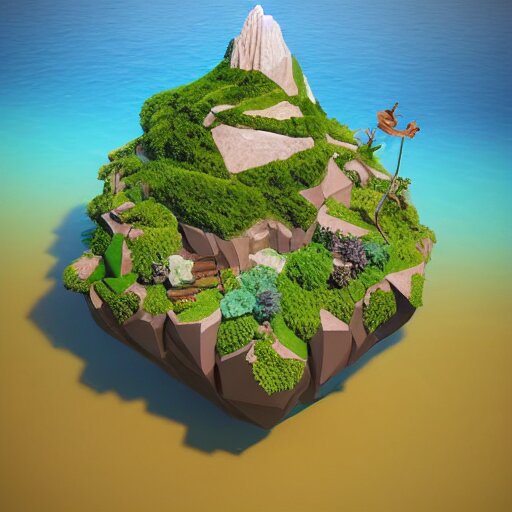 a floating island on an aquatic environment isometric art, lago di sorapis landscape, low poly art, game art, artstation, 3D render, high detail, cgsociety, octane render, sharp focus