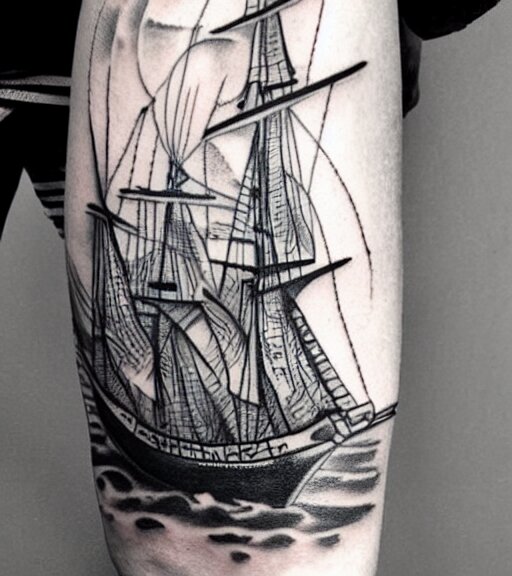 A realistic tattoo design sketch of a pirate ship, paper background, black and white tattoo, highly detailed tattoo, shaded tattoo, hyper-realistic tattoo