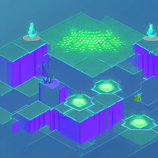concept 2 d game asset, isometric staircase blocks, organic isometric design, bioluminescent alien - like plants inspired by the james cameron's avatar's alien nature. we can see alien plants glowing in the dark arround the isometric itens has colorful neons cyan, orange mooth median photoshop filter cutout vector 
